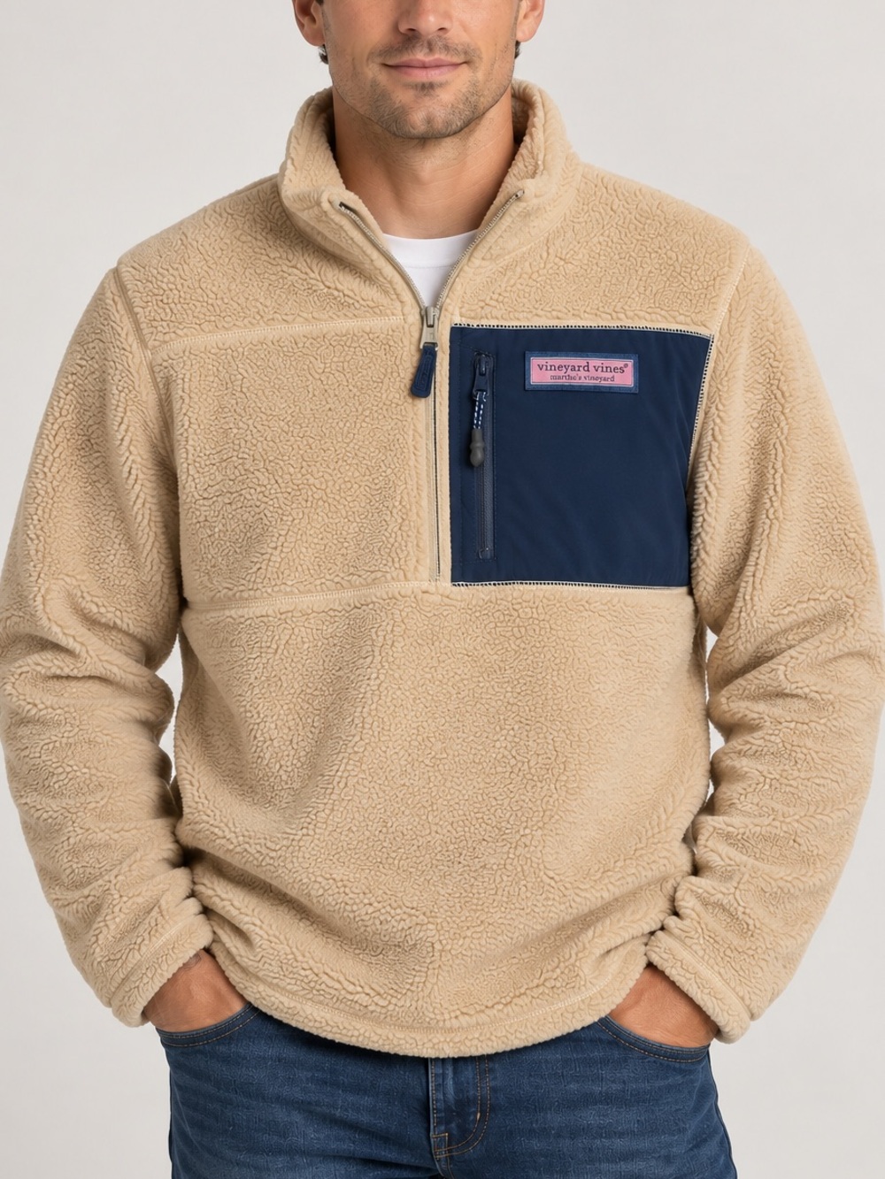 Vineyard Vines Men’s L Stillwater Sherpa Fleece Quarter Zip Cream Navy